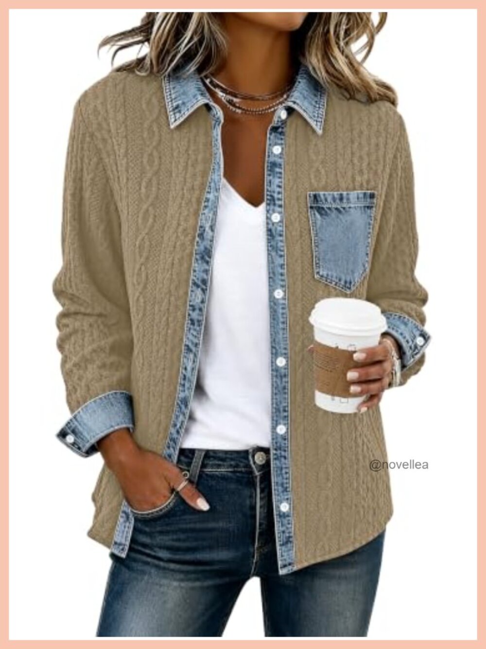 Womens Denim Patchwork Shacket Button Down Loose Fit Casual Jacket